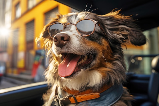 Il cane gioioso con gli occhiali neri cavalca in un'auto