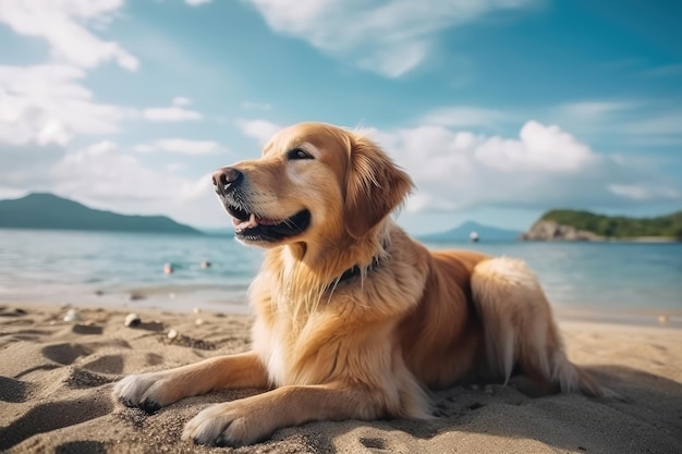 Il cane Golden Retriever è in vacanza estiva al mare generato dall'intelligenza artificiale