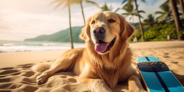 Il cane Golden Retriever è in vacanza estiva in località balneare e si rilassa sulla spiaggia estiva delle Hawaii AI Generative