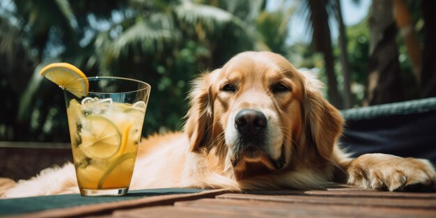 Il cane Golden Retriever è in vacanza estiva in località balneare e si rilassa sulla spiaggia estiva delle Hawaii