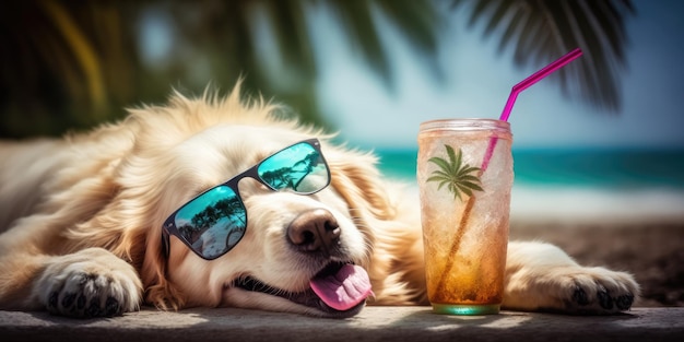Il cane Golden Retriever è in vacanza estiva in località balneare e si rilassa sulla spiaggia estiva delle Hawaii