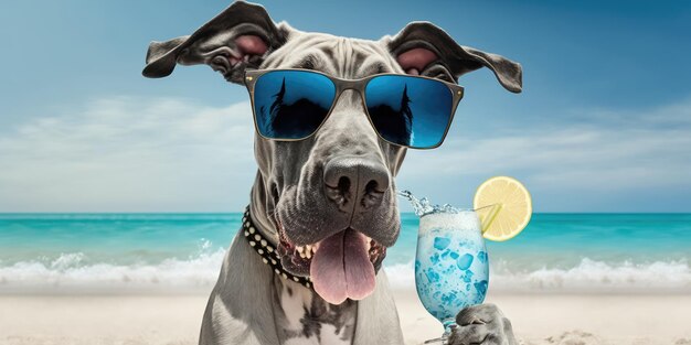 Il cane Great Dane è in vacanza estiva in località balneare e si rilassa riposando sulla spiaggia estiva delle Hawaii