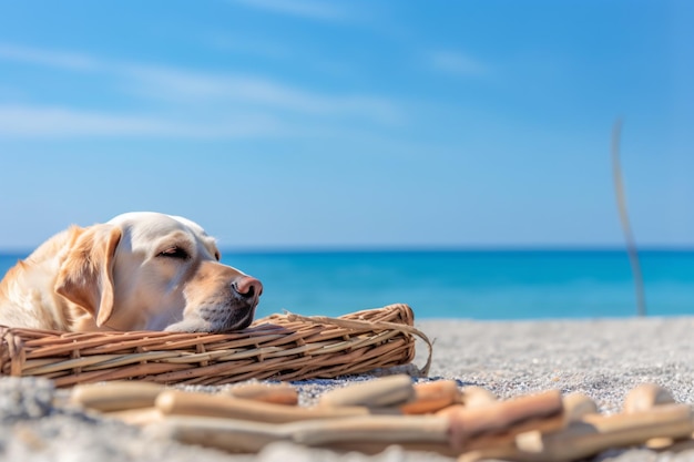 Il cane ha posizionato la testa contro un tappetino di rattan mentre si riposava sulla spiaggia sabbiosa sulla riva del mare Creato con la tecnologia Generative AI