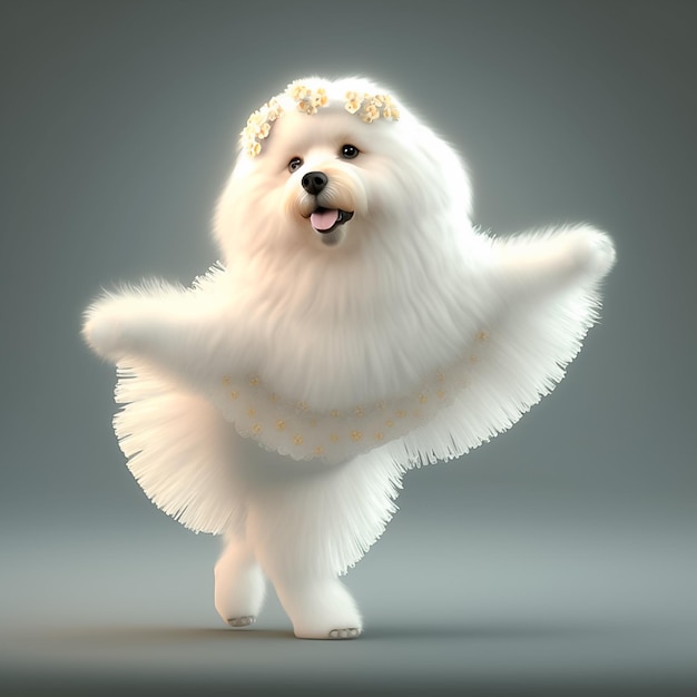 Il cane in abito bianco mostra le sue mosse di danza generate dall'intelligenza artificiale