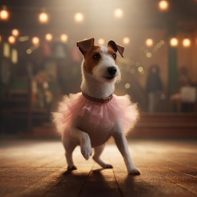 Il cane Jack Russell in gonna da balletto rosa balla come una ballerina Illustrazione AI Generativa