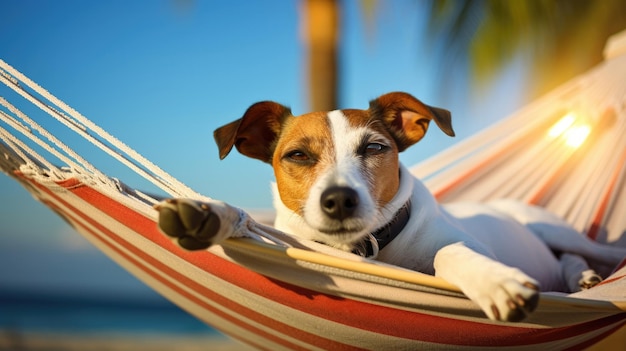 Il cane Jack Russell si rilassa sull'amaca rossa durante le vacanze estive in spiaggia.