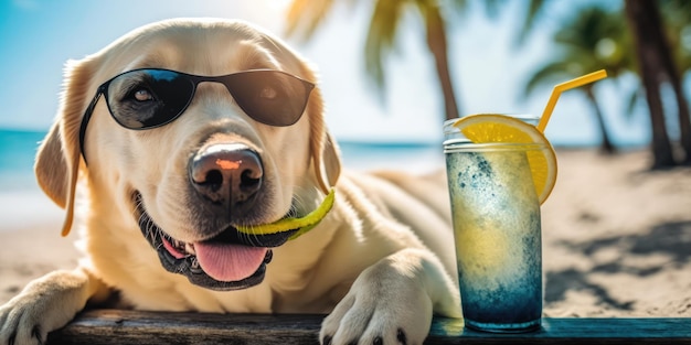 Il cane Labrador Retriever è in vacanza estiva in località balneare e si rilassa sulla spiaggia estiva delle Hawaii