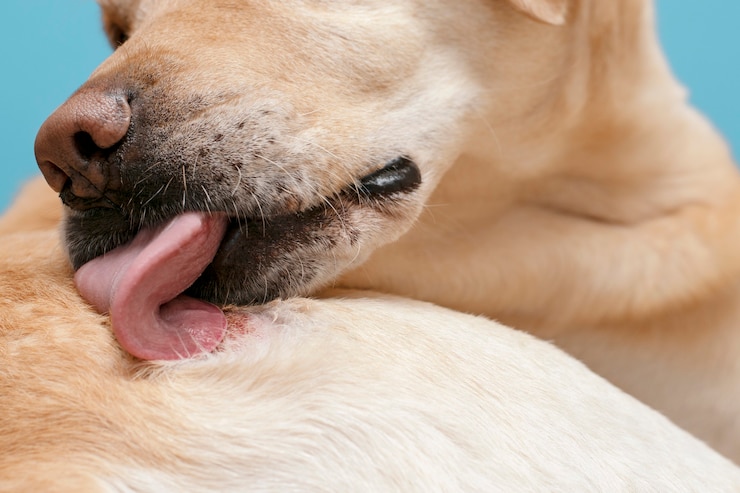 Il cane lecca una ferita dermatologica