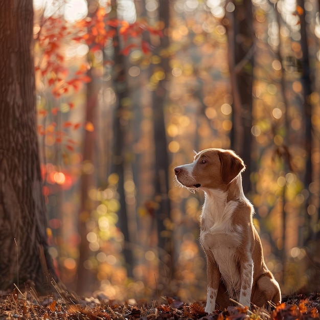 Il cane maestoso della Bretagna seduto con grazia nell'habitat della foresta lussureggiante
