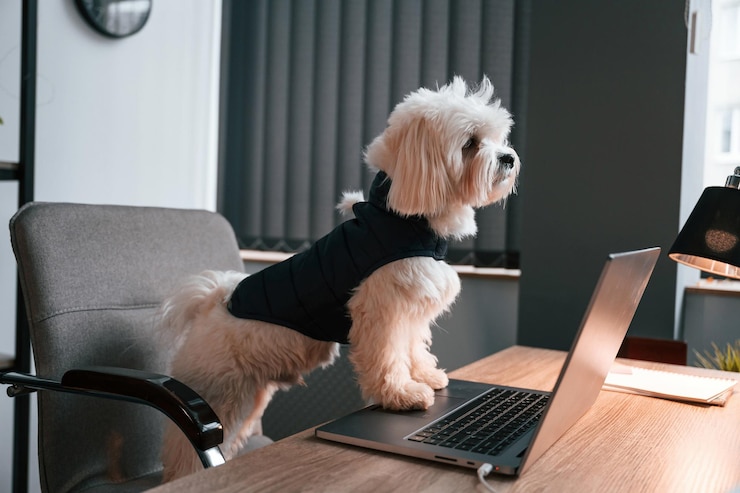 Foto il cane maltese è seduto accanto al tavolo con il portatile all'interno dell'ufficio