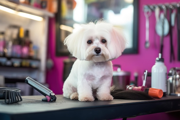 Il cane maltese si taglia i capelli nel salone di toelettatura per animali domestici generato ai