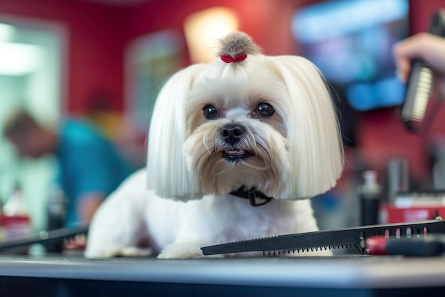 Il cane maltese si taglia i capelli nel salone di toelettatura per animali domestici generato ai