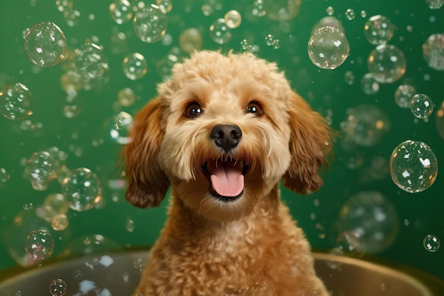 Il cane Maltipoo sta facendo il bagno con schiuma e bolle generate ai