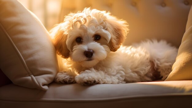 Il cane Maltipoo, un misto di maltese e barboncino, è seduto sul divano tra i cuscini.