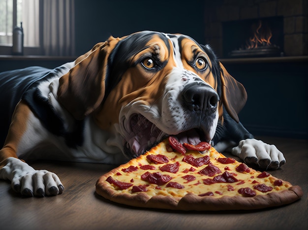 Il cane mangia la pizza generata dall'AI