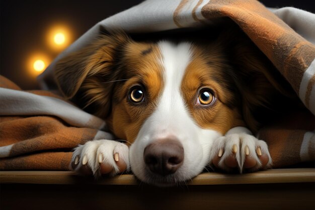Il cane marrone e bianco riposa su un'accogliente coperta da letto