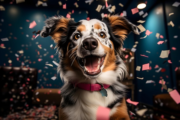 Il cane pastore australiano felice e carino si diverte e festeggia un compleanno circondato da coriandoli che cadono Concetto di compleanno di animali domestici su sfondo luminoso
