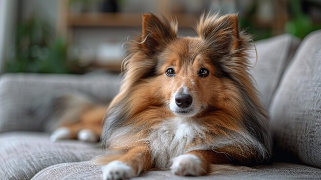 Il cane preferito giace sul divano del soggiorno.