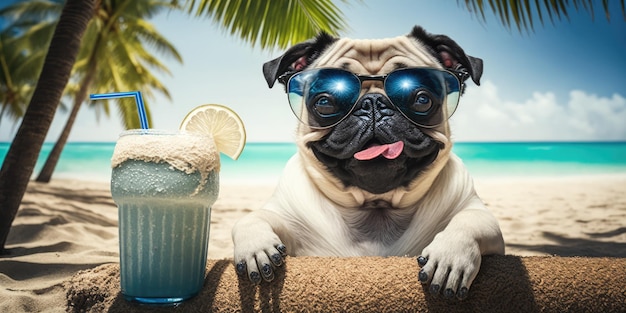 Il cane Pug è in vacanza estiva in località balneare e riposa rilassante sulla spiaggia estiva delle Hawaii