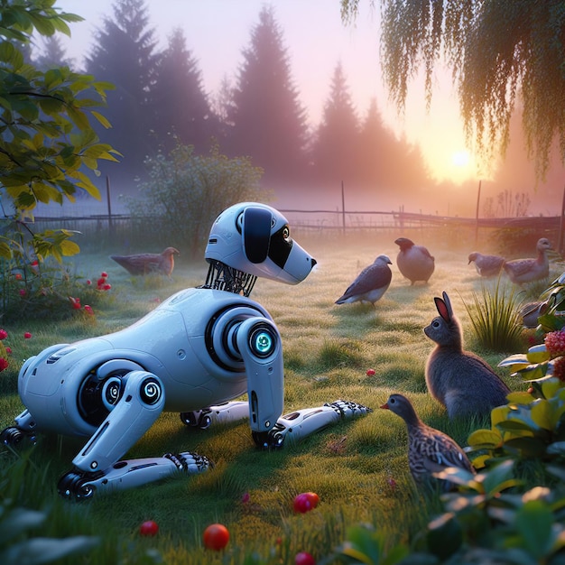 Il cane robotico si siede nella natura del tramonto del lago