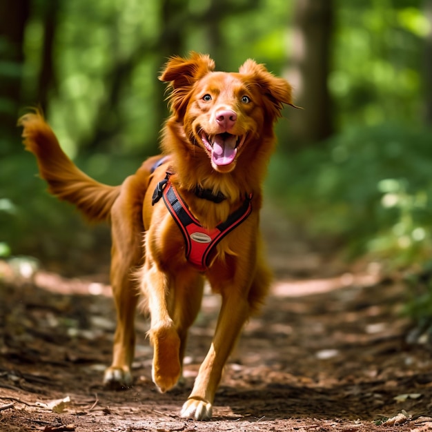 il cane rosso corre lungo un sentiero boschivo