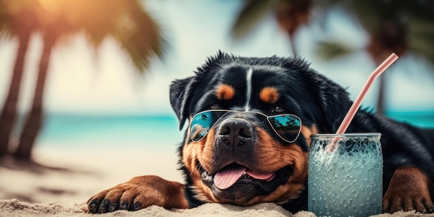 Il cane Rottweiler è in vacanza estiva in località balneare e si riposa sulla spiaggia estiva delle Hawaii
