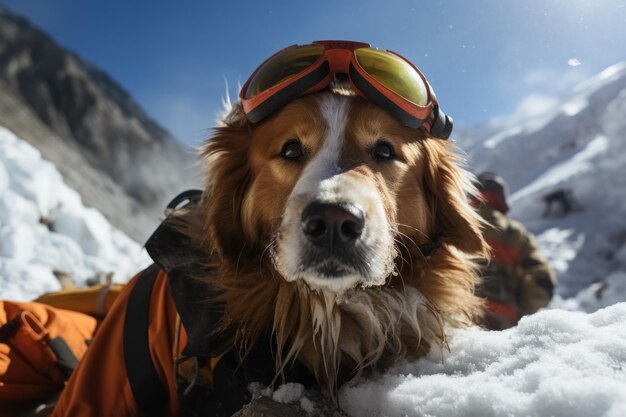 Il cane salvatore cerca le persone scomparse nella montagna innevata dopo una valanga