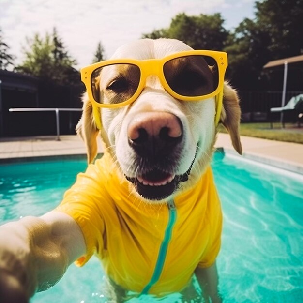 Il cane scatta una foto selfie sulla piscina generata dall'intelligenza artificiale