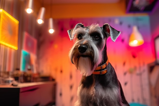 Il cane Schnauzer si taglia i capelli nel salone di toelettatura per animali domestici generato ai