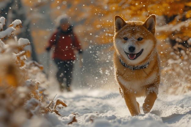 Il cane Shiba Inu corre con uno sciatore durante una passeggiata