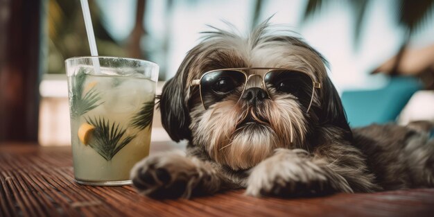 Il cane Shih Tzu è in vacanza estiva in località balneare e si rilassa sulla spiaggia estiva delle Hawaii