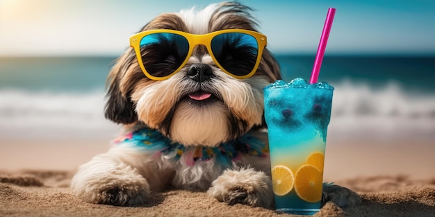 Il cane Shih Tzu è in vacanza estiva in località balneare e si rilassa sulla spiaggia estiva delle Hawaii