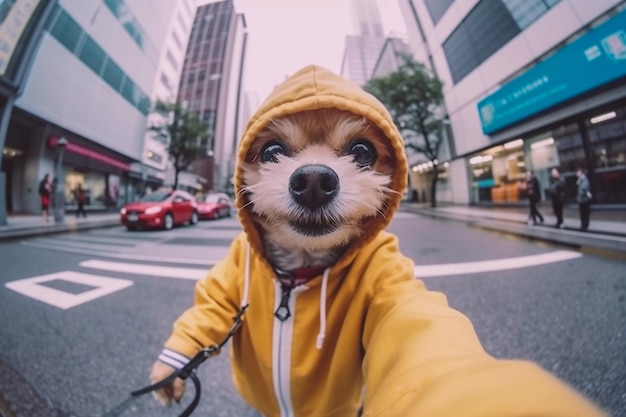 Il cane si fa un selfie durante il viaggio in Giappone a Tokyo AI Generato