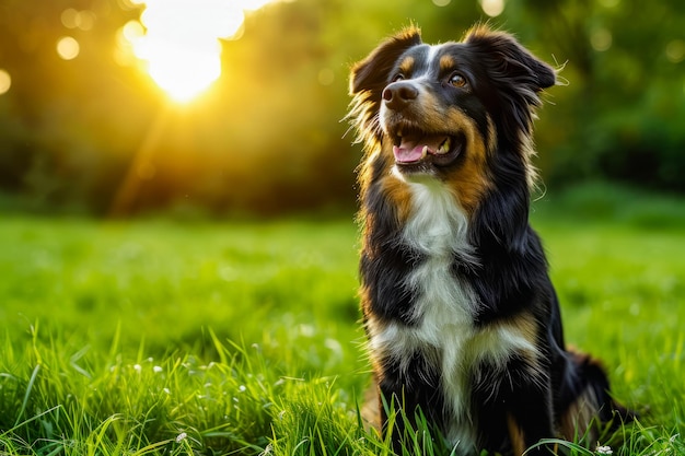 Il cane si siede in un campo di erba verde in una giornata di sole