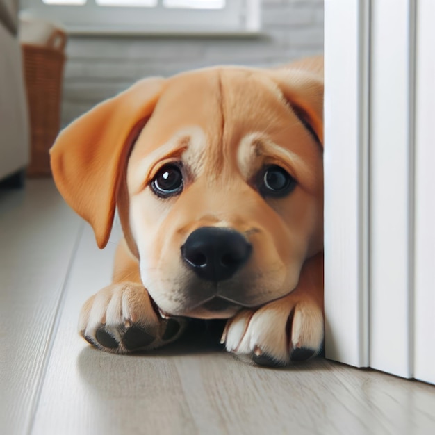 Il cane si siede sul pavimento con uno sguardo triste