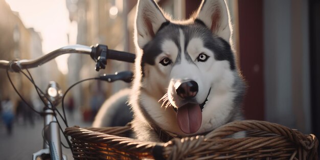 Il cane Siberian Husky si diverte a fare un giro in bicicletta la mattina del sole d'estate sulla strada della città