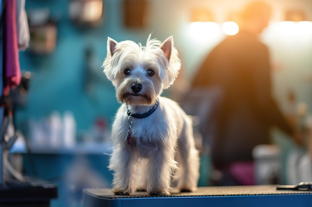 Il cane Terrier si taglia i capelli al salone di toelettatura per animali domestici generato ai