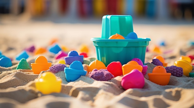 Il caos colorato Una vibrante serie di giocattoli di plastica per bambini sparsi in una sabbia interna