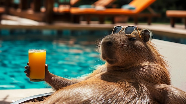 Il capibara soddisfatto si rilassa su un lettino vicino alla piscina e beve un cocktail di frutta.