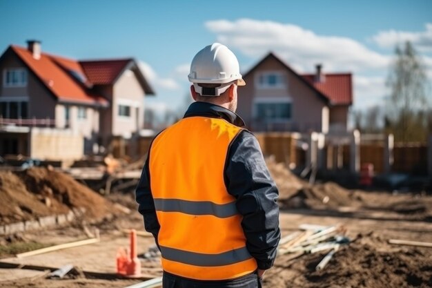 Il caposquadra in uniforme e casco controlla la costruzione della casa Generativa AI