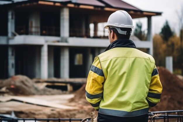 Il caposquadra in uniforme e casco controlla la costruzione della casa.