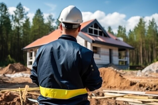 Il caposquadra in uniforme e casco controlla la costruzione della casa.