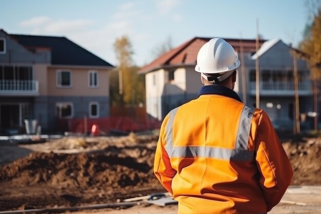 Il caposquadra in uniforme e casco controlla la costruzione della casa.