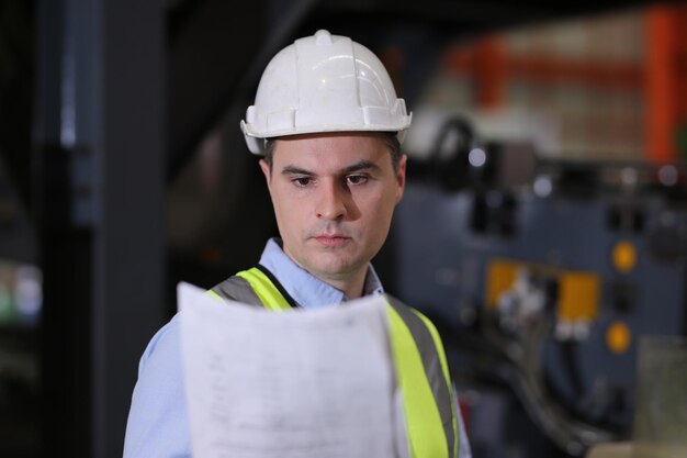 Il caposquadra o il lavoratore lavorano in fabbrica controllano la macchina o i prodotti in loco Ingegnere o tecnico che controllano il materiale o la macchina nell'impianto industriale e in fabbrica