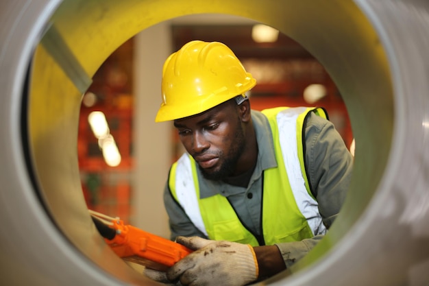 Il caposquadra o il lavoratore lavorano in fabbrica controllano la macchina o i prodotti in loco Ingegnere o tecnico che controllano il materiale o la macchina nell'impianto industriale e in fabbrica