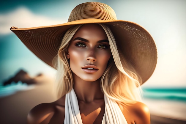 Il cappello di paglia delle donne è appeso sullo sfondo del muro bianco con ombra Concetto di moda estiva sulla spiaggia Spazio di copia