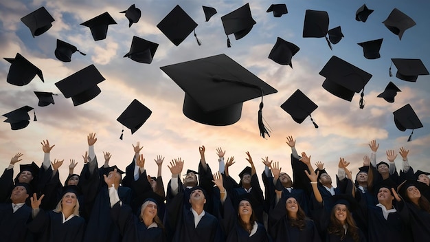 Il cappello nero dei laureati che galleggia nel cielo