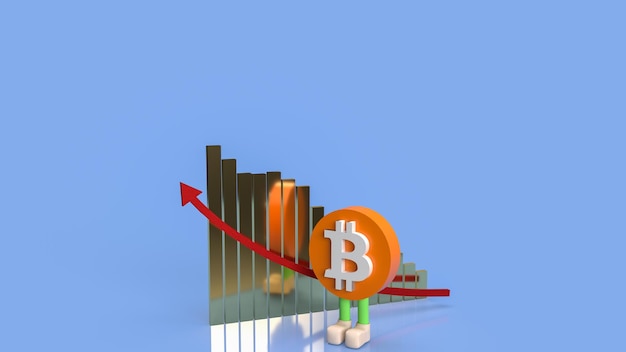 Il carattere del simbolo bitcoin e la freccia del grafico in alto per il rendering 3d di concetti aziendali o tecnologici