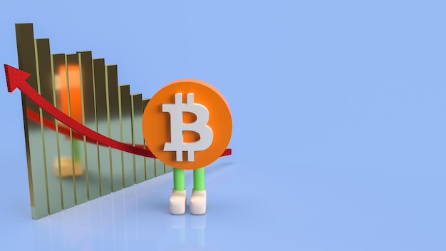 Il carattere del simbolo bitcoin e la freccia del grafico in alto per il rendering 3d di concetti aziendali o tecnologici