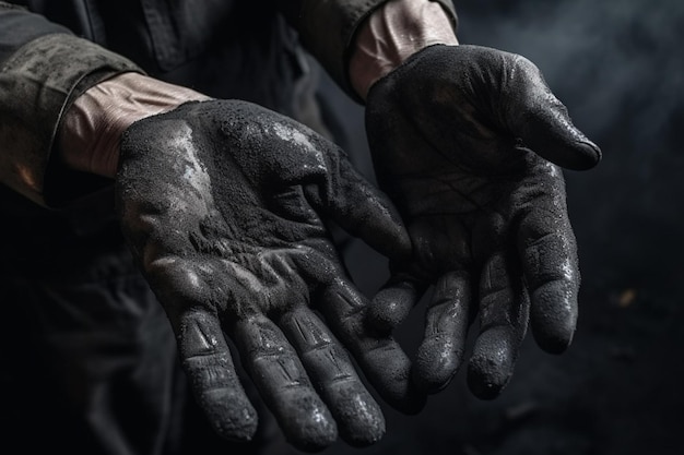 Il carbone e le mani di un minatore Concetto l'aumento del prezzo del carbone Duro lavoro minerario e industriale